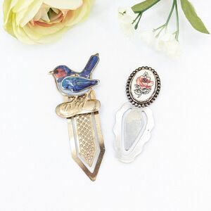 Vintage Bookmark Office Reading Gift Bundle Silver Flower Gold Bird